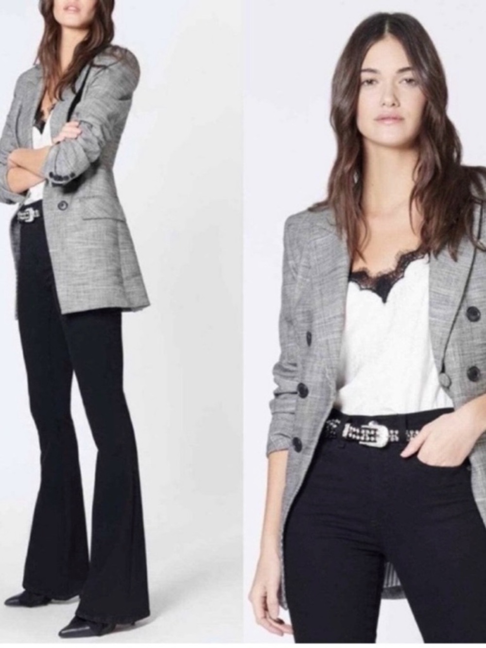 Veronica Beard Gray Double-Breasted Plaid Blazer